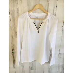 NWOT Three Dots Gauze Top Knit Trim White Long Sleeve V-Neck Loose Fit XS